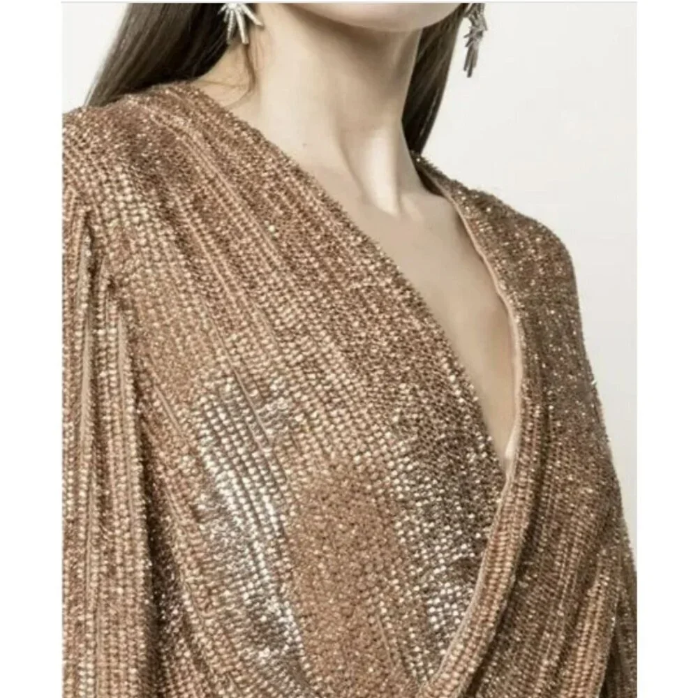 Retrofete $635 Bronze Mini Dress Gabrielle Sequin Velvet Belted Wrap NWT Medium